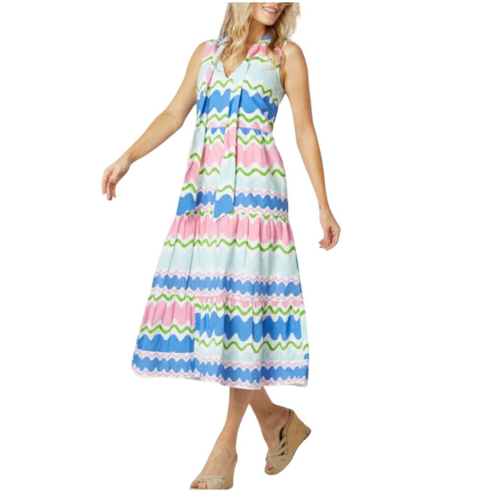 Sail to Sable Bow Front Midi Dress in Wave Print L large colorful Tuckernuck